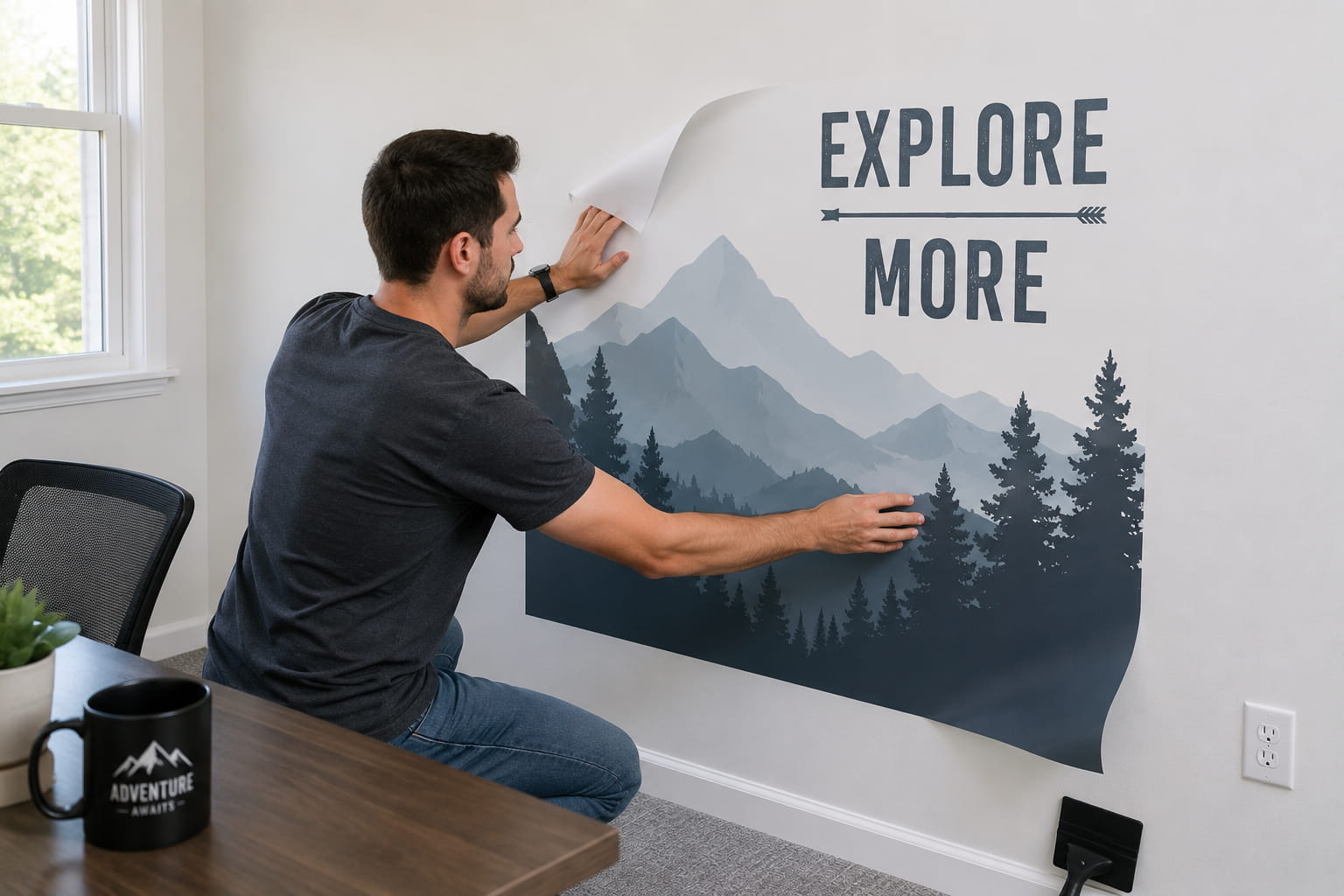 Person installing and smoothing wall decal onto wall surface