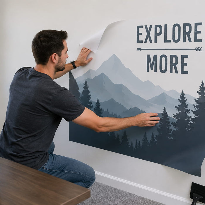 Person installing and smoothing wall decal onto wall surface