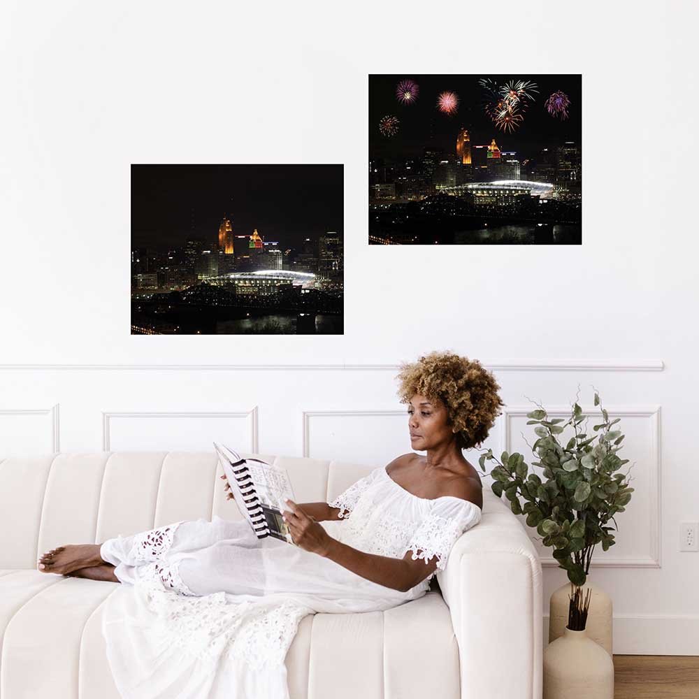 19x24 inch Paul Brown Stadium Fireworks Decal Installed Above Sofa