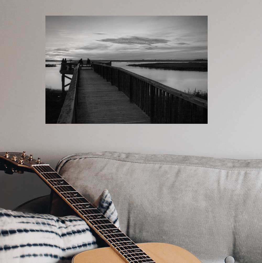 16x24 inch Evening at the Lake Poster Displayed Above Sofa