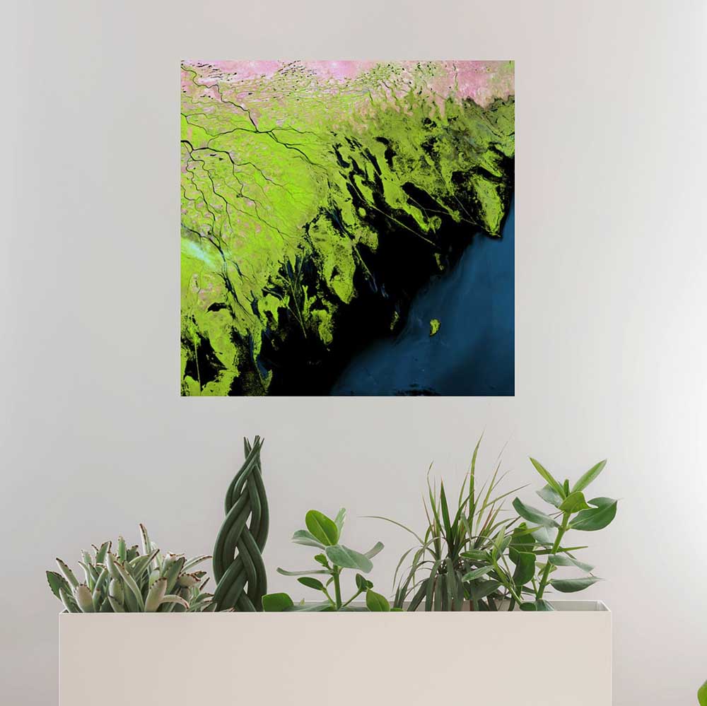 24x24 inch Volga Delta Satellite Poster Displayed Above Planter