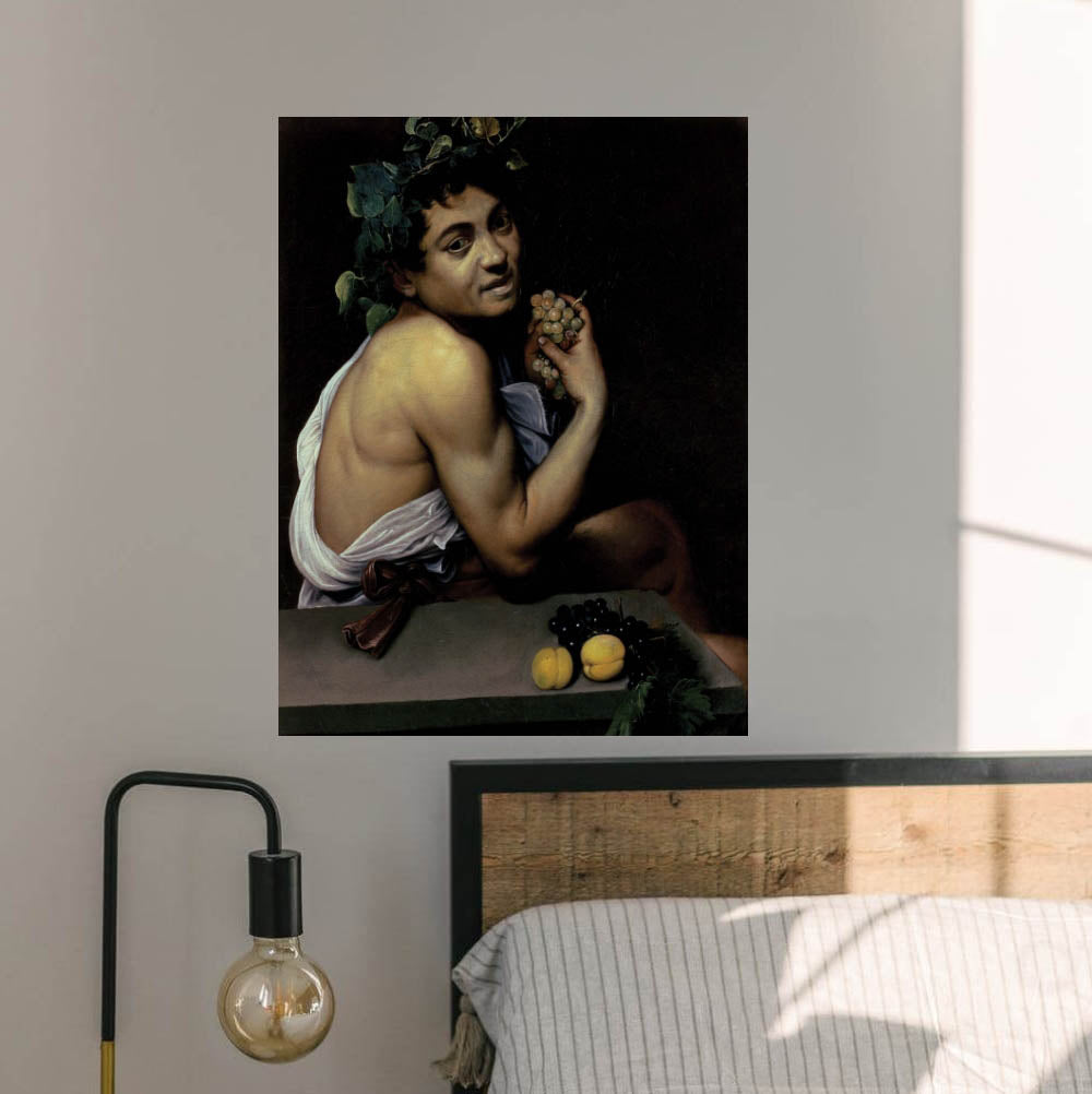 18x24 The Sick Bacchus Poster Displayed Above Bed