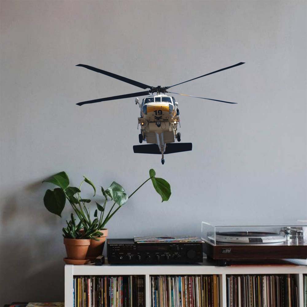 14.5x24 inch Fire Copter 19 Front View Decal Installed Above Record Shelves