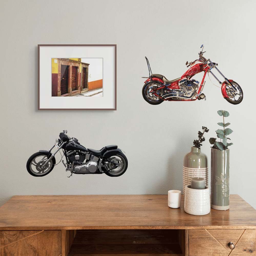 24 inch custom red flame chopper decal installed above desk and plant