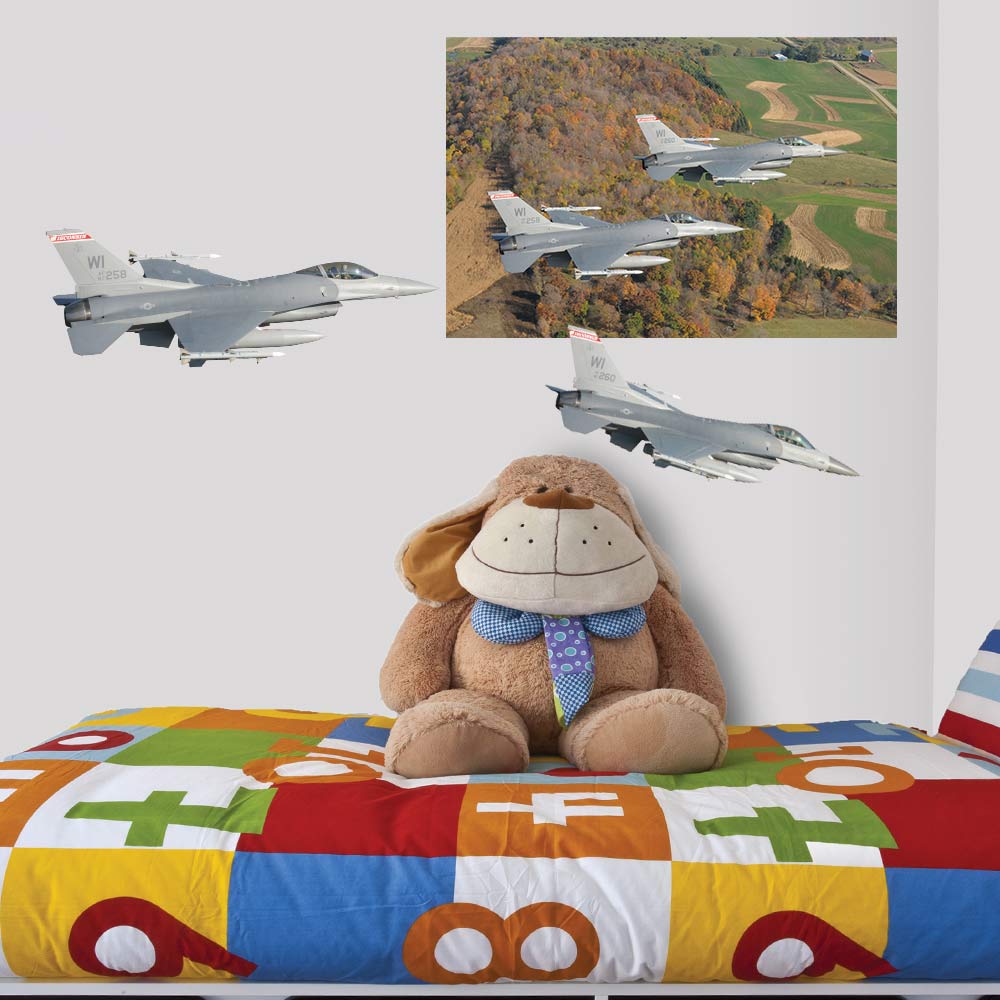 24 inch Dual F-16 Falcon Die-Cut Wall Decals Installed in Kids Room