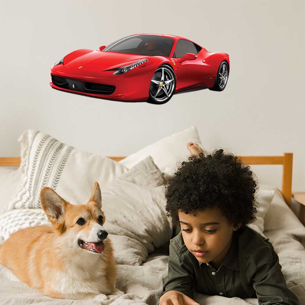 24 inch Red Ferrari Italia decal installed on wall above bed with kid and his dog