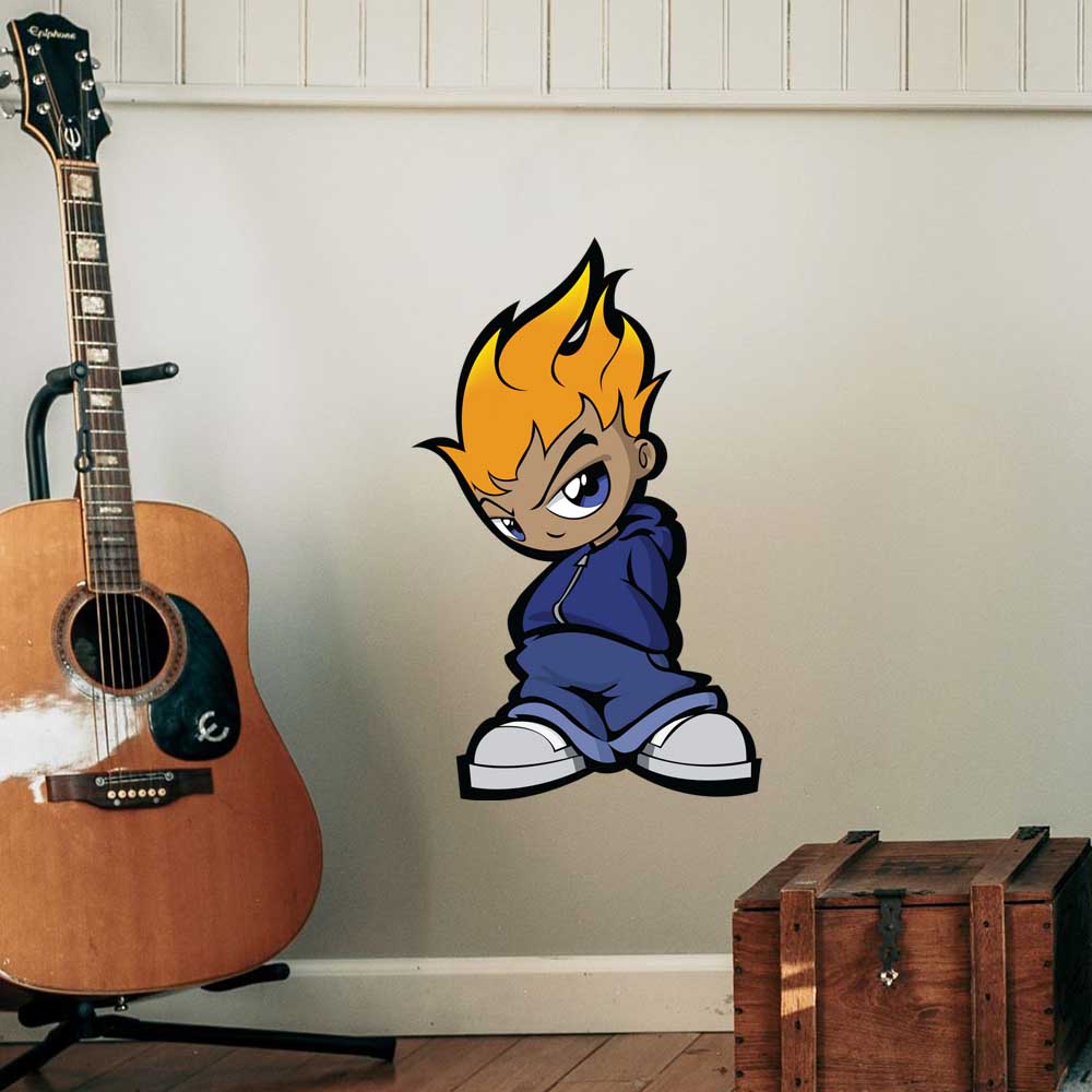 24 inch Flamehead cartoon character decal installed on a wall next to an acoustic guitar and wooden chest.