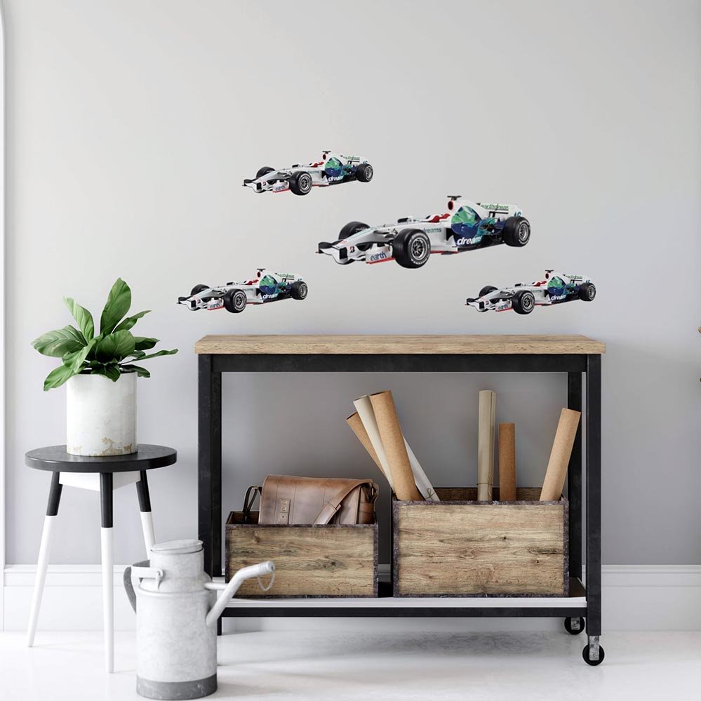 24 inch Honda Formula One wall decal installed on wall above rolling cart