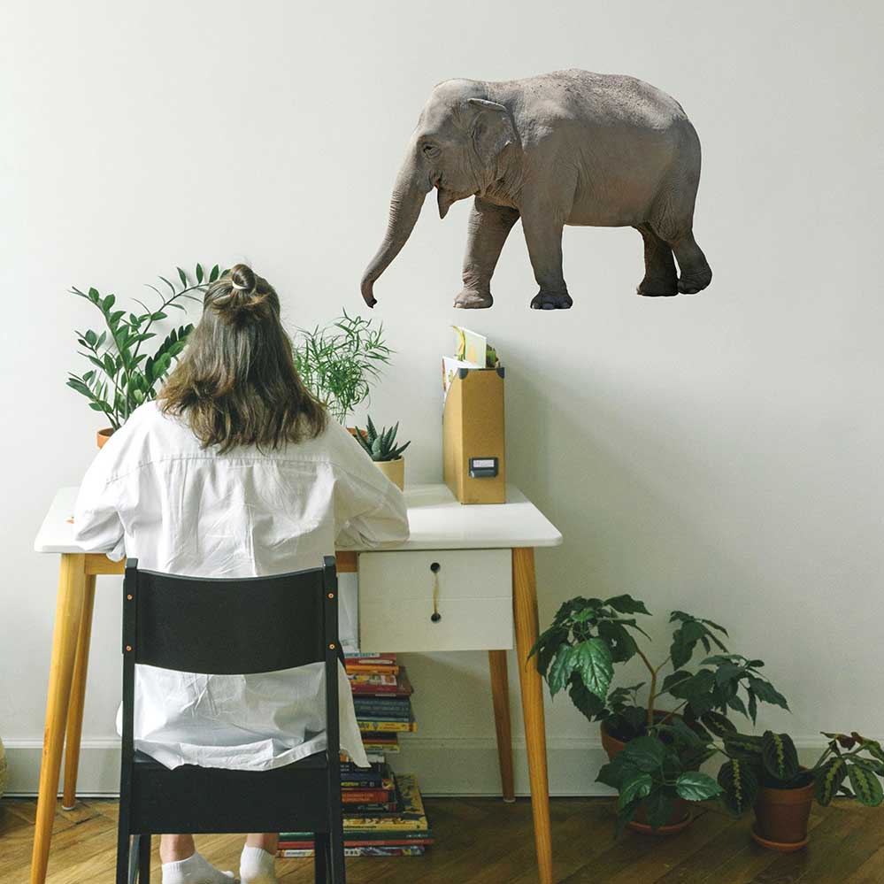 24 inch Lumbering Elephant Decal Installed Above Desk