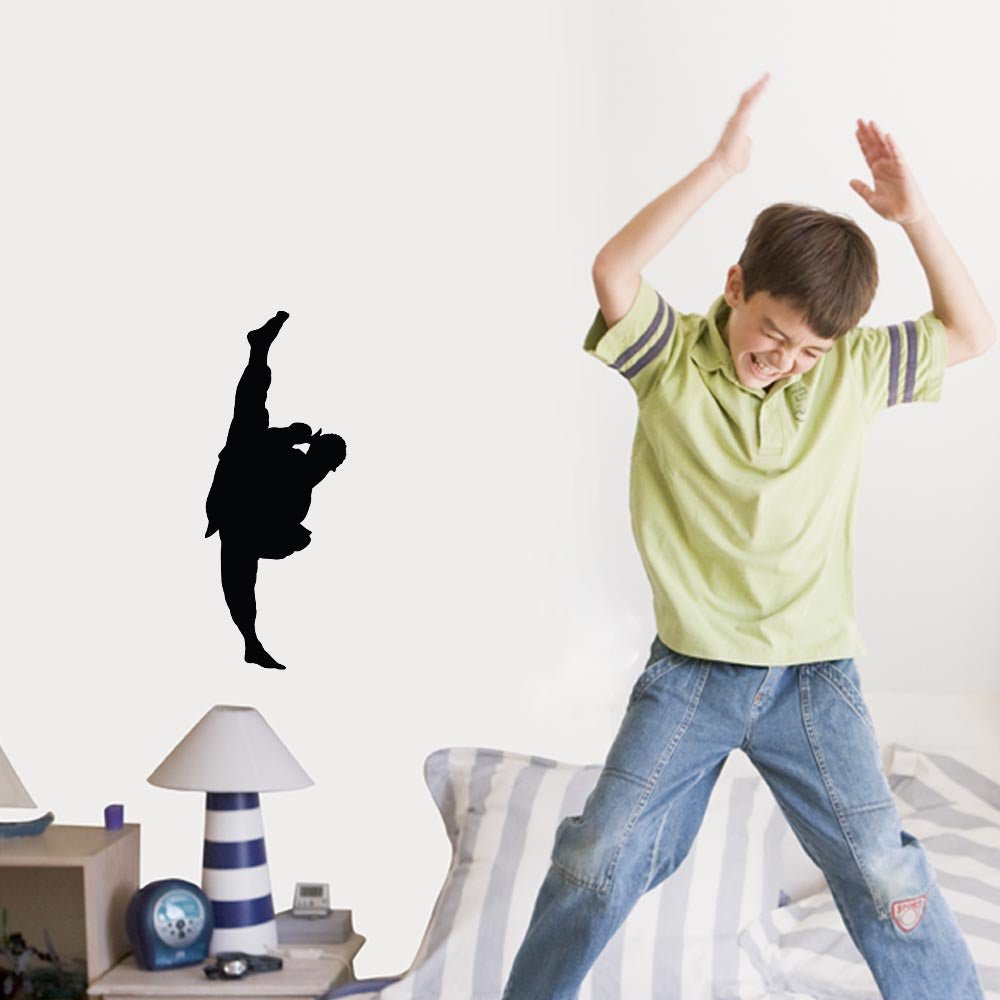 24 inch Martial Arts Extreme Side Kick Silhouette Wall Decal Installed in Boys Room