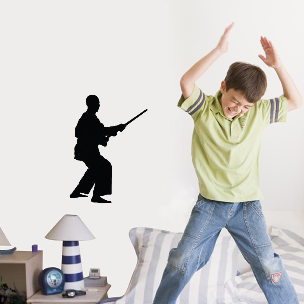 24 inch Martial Arts Staff II Silhouette Wall Decal Installed in Boys Room