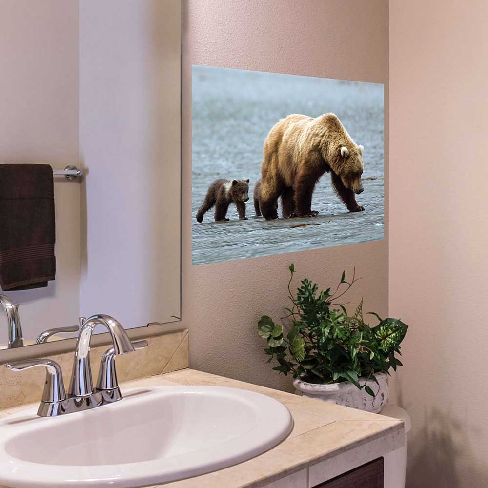 24 inch Mama & Baby Grizzly Poster Displayed in Bathroom