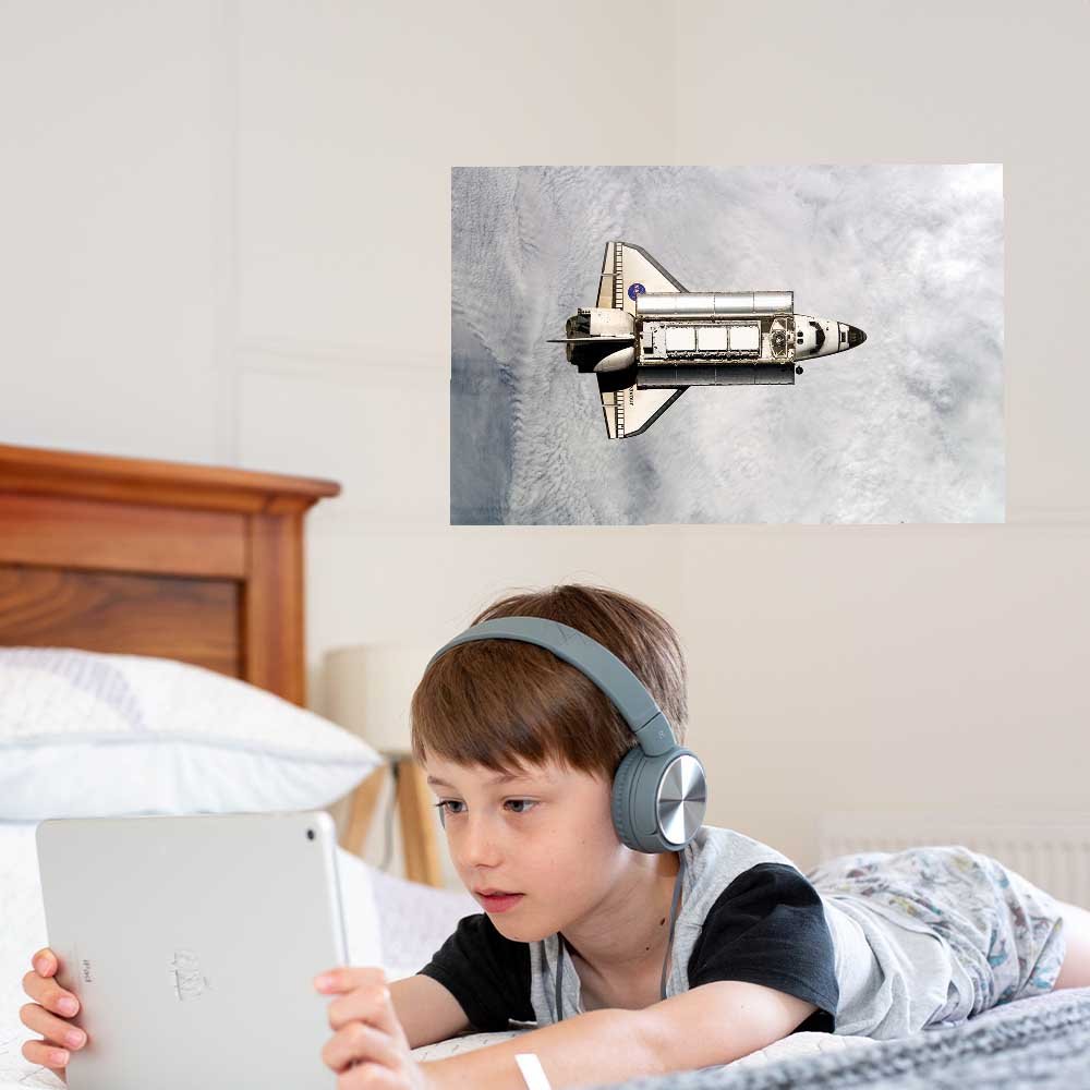 24 inch Orbiting Endeavor Above Cloud Cover Gloss Poster Installed in Boys Room