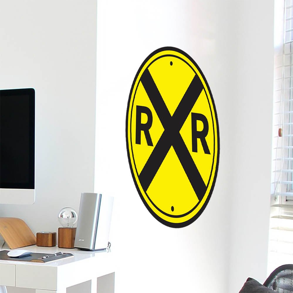 24 inch Railroad Crossing Sign Wall Decal Installed Near Desk