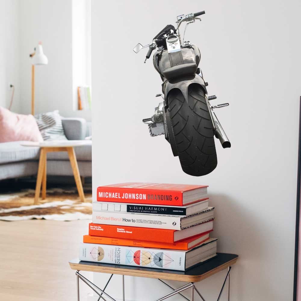 14.5x24 inch Motorcycle Rear Profile Decal Installed Above Stack of Books