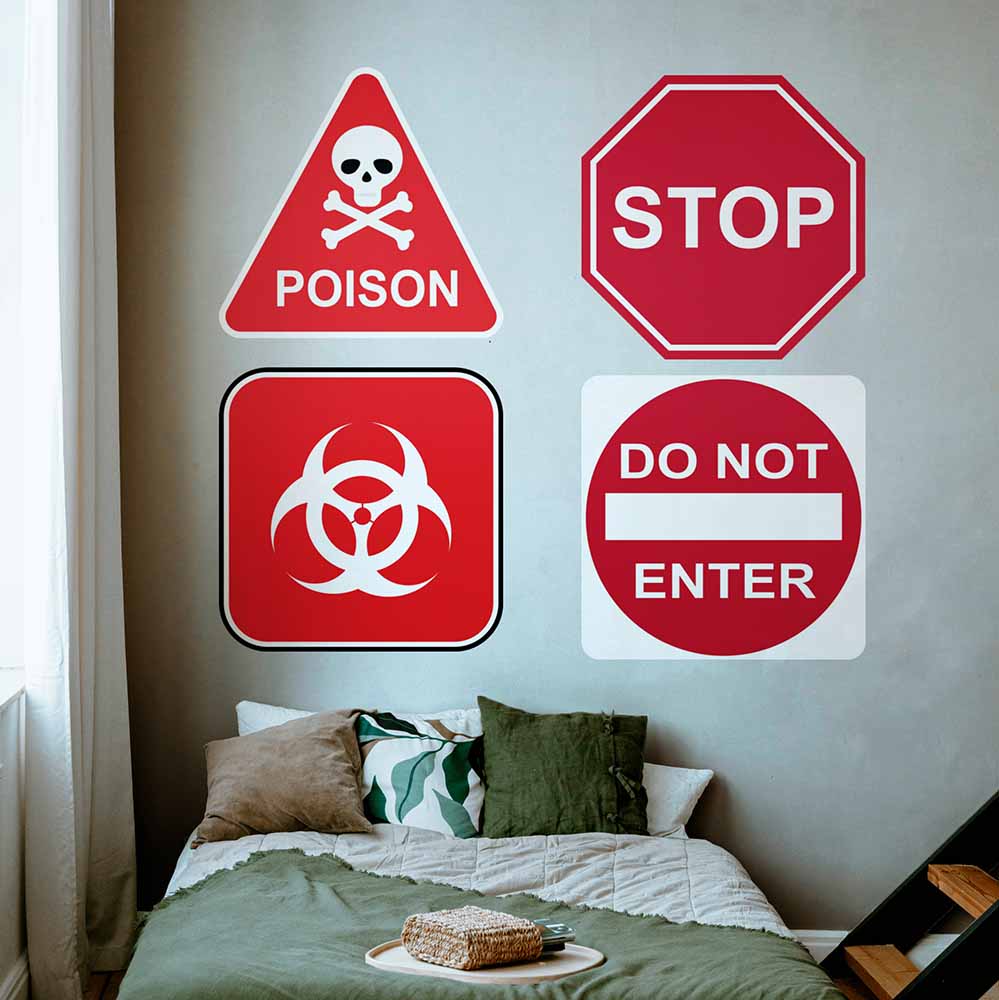 24 inch Red Biohazard Warning Sign Wall Decal Installed Above Bed
