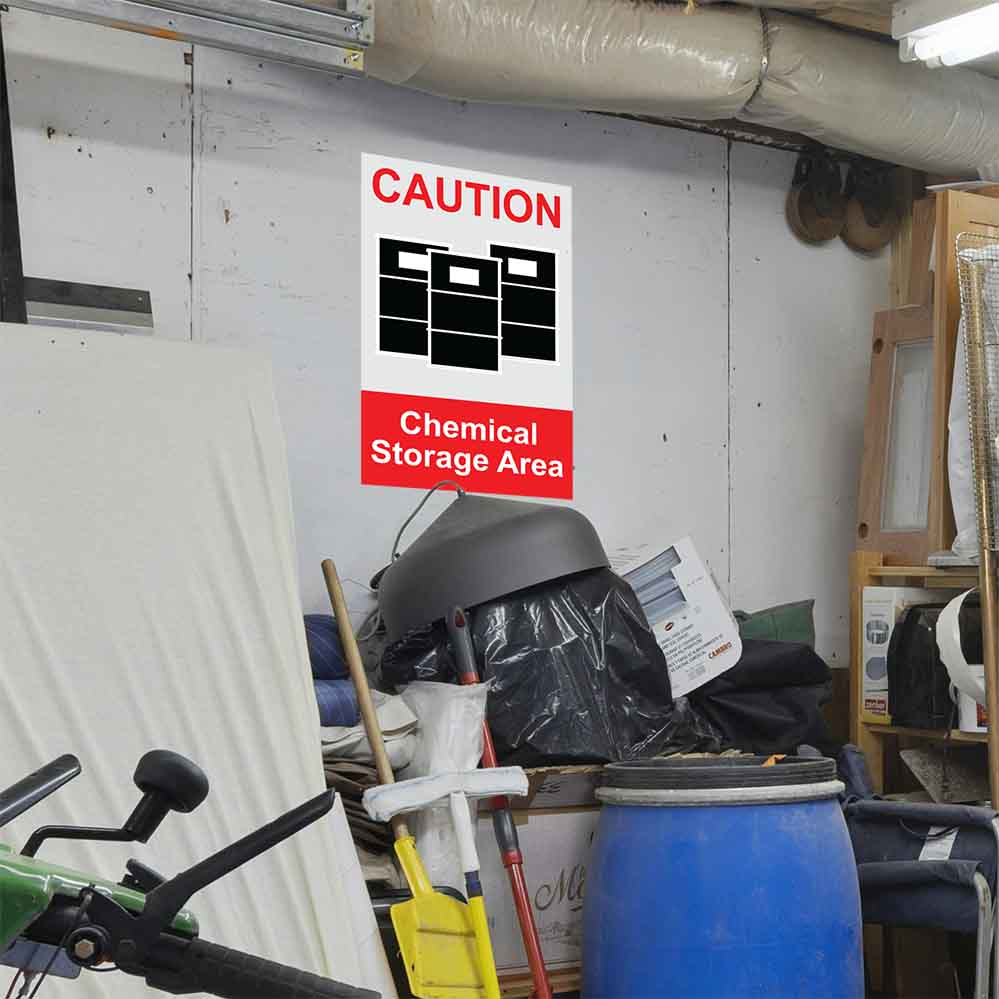 16x24 inch Chemical Storage Sign Wall Decal Installed in Garage