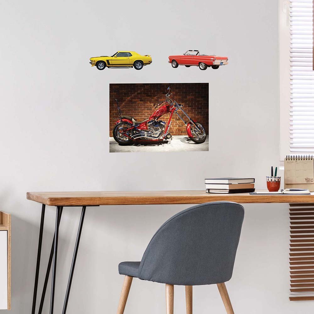 24 inch Flame red custom chopper decal installed on wall above desk