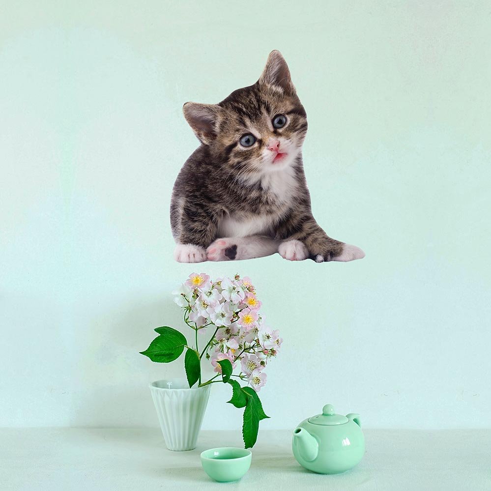 24 inch Striped Kitten Decal Installed Above Vase & Teapot