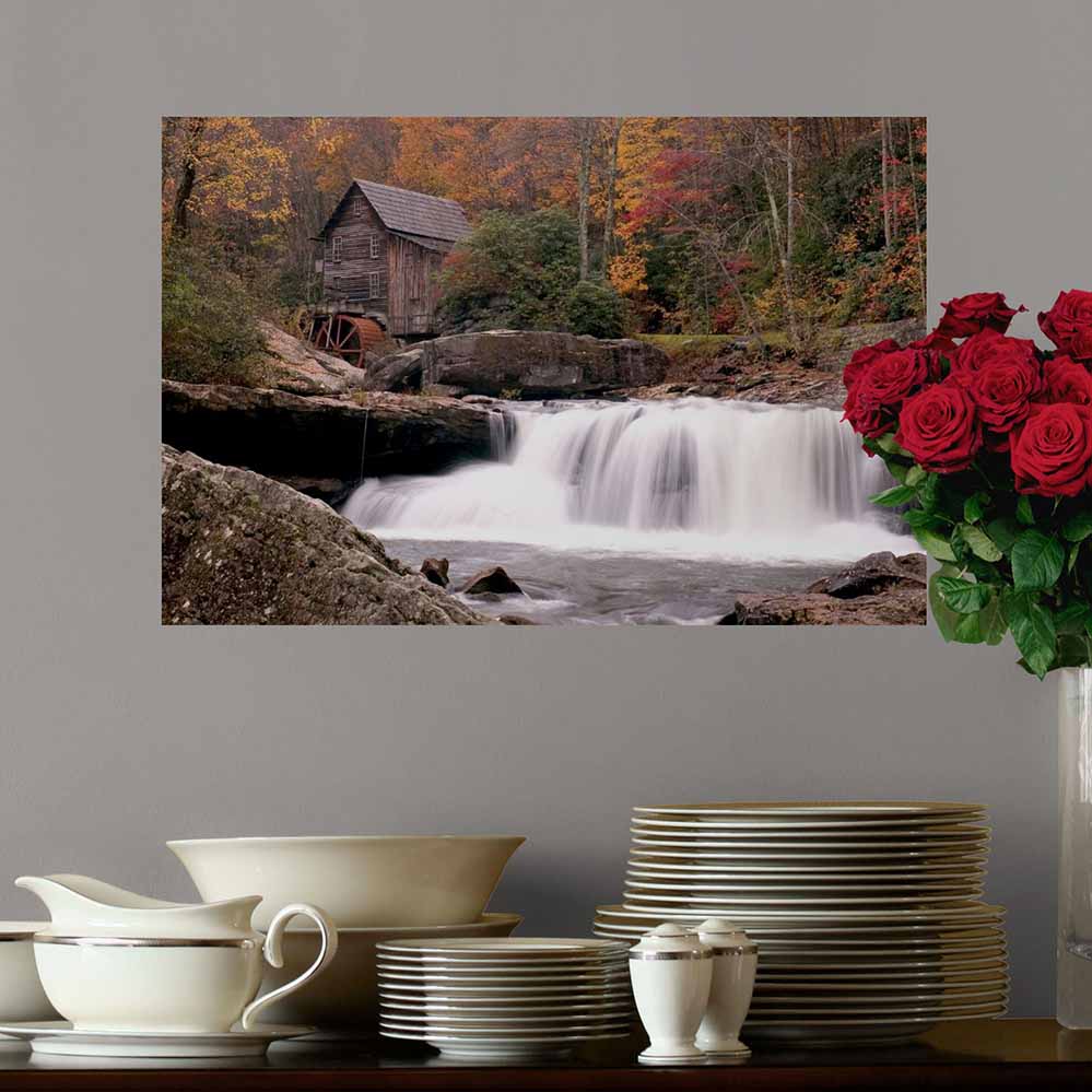 16x24 inch Waterfall Poster Displayed Above Dish Shelf