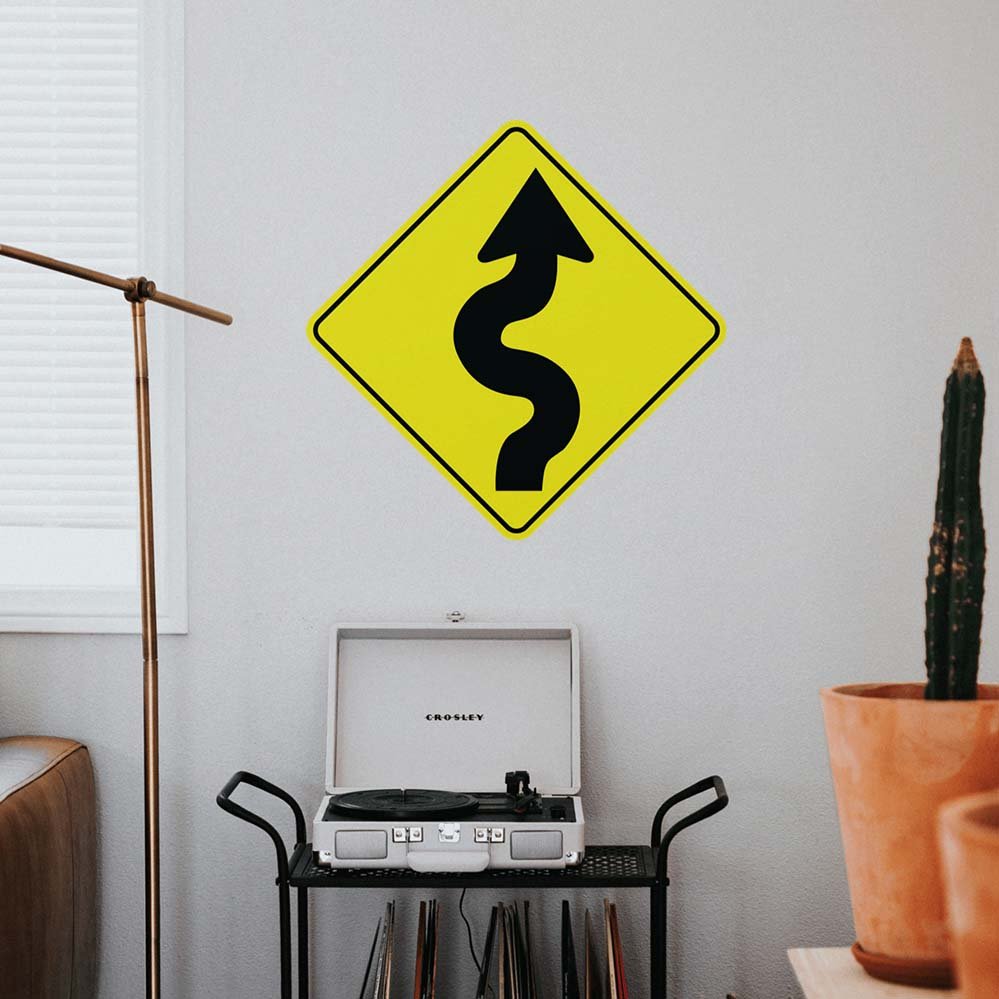 24 inch Winding Road Sign Wall Decal Installed Above Record Stand