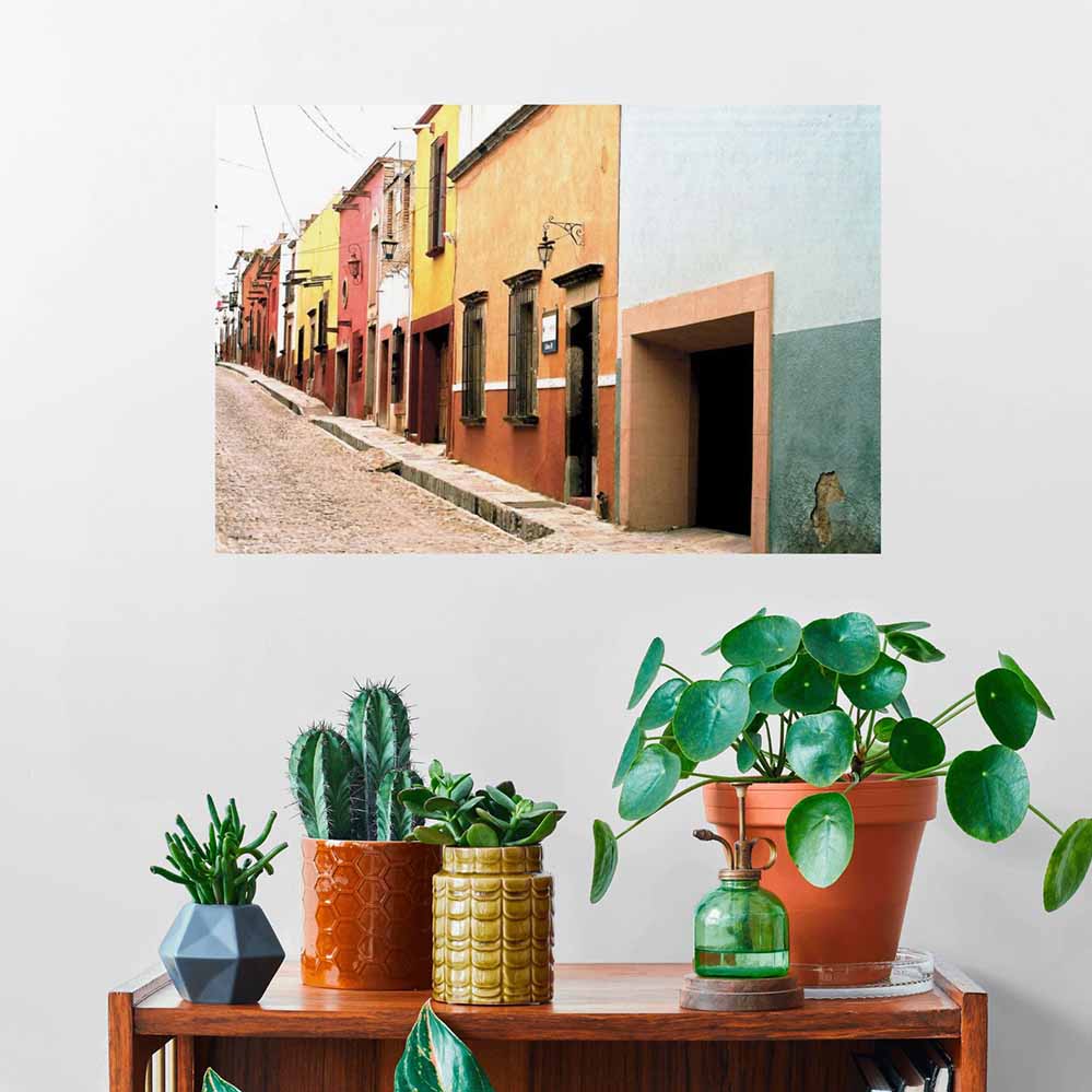 24 inch colorful Mexican city block architecture poster displayed on wall above stand with plants