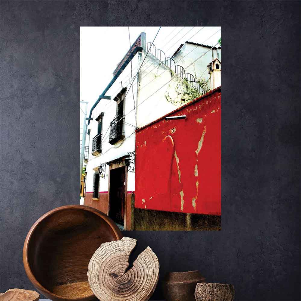 24 inch Red and white Mexican House Architecture poster displayed on wall above bowls