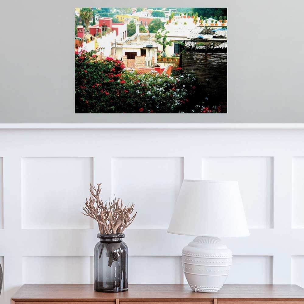 24 inch poster of a rooftop garden on Mexican home looking down over town displayed on wall above a console table with lamp