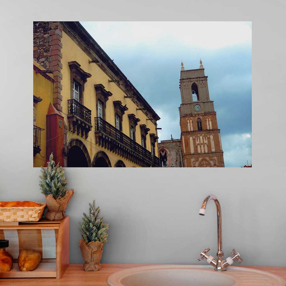 24 inch Mexican Cathedral Tower and hotel poster displayed above sink