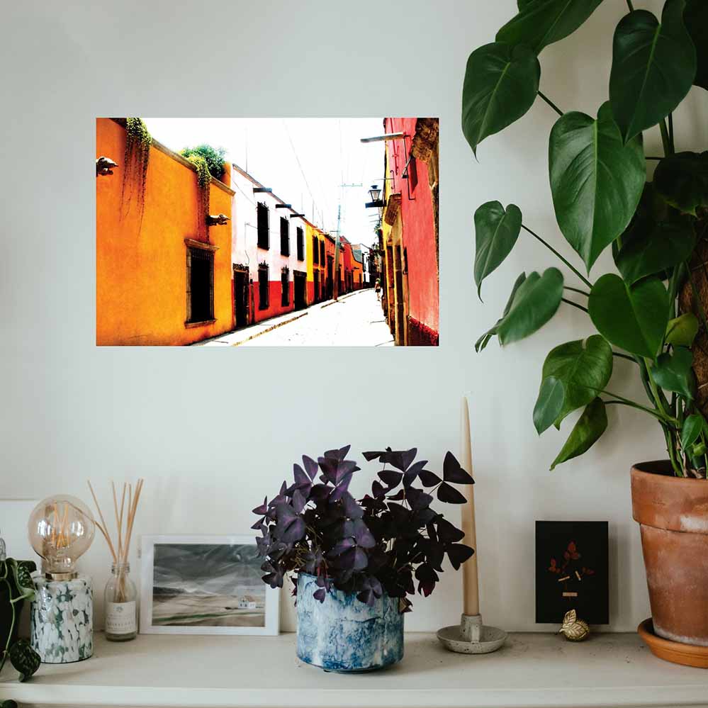 24 inch colorful wall decal of a Mexican street scene of colorful buildings installed on a wall with decorative plants and vases below.