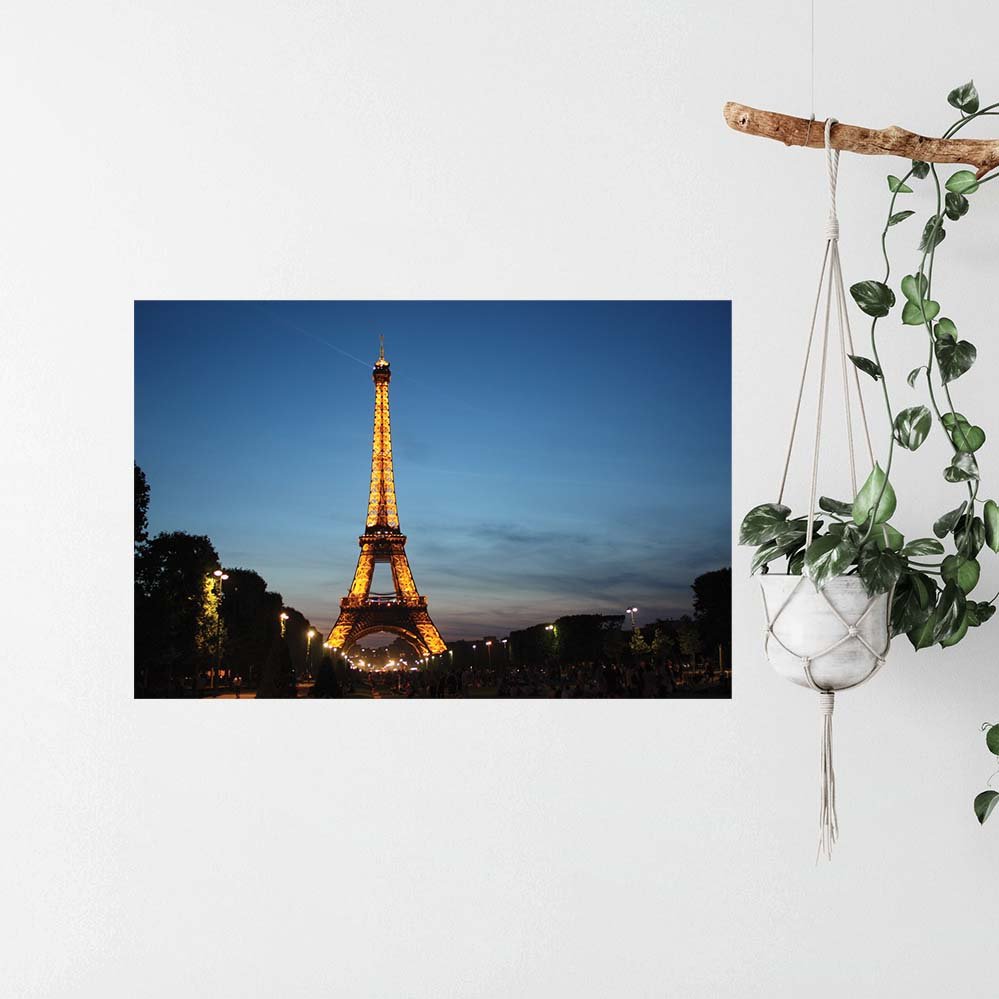 24 inch poster of the Eiffel Tower illuminated at dusk displayed on a wall next to a plant hanger