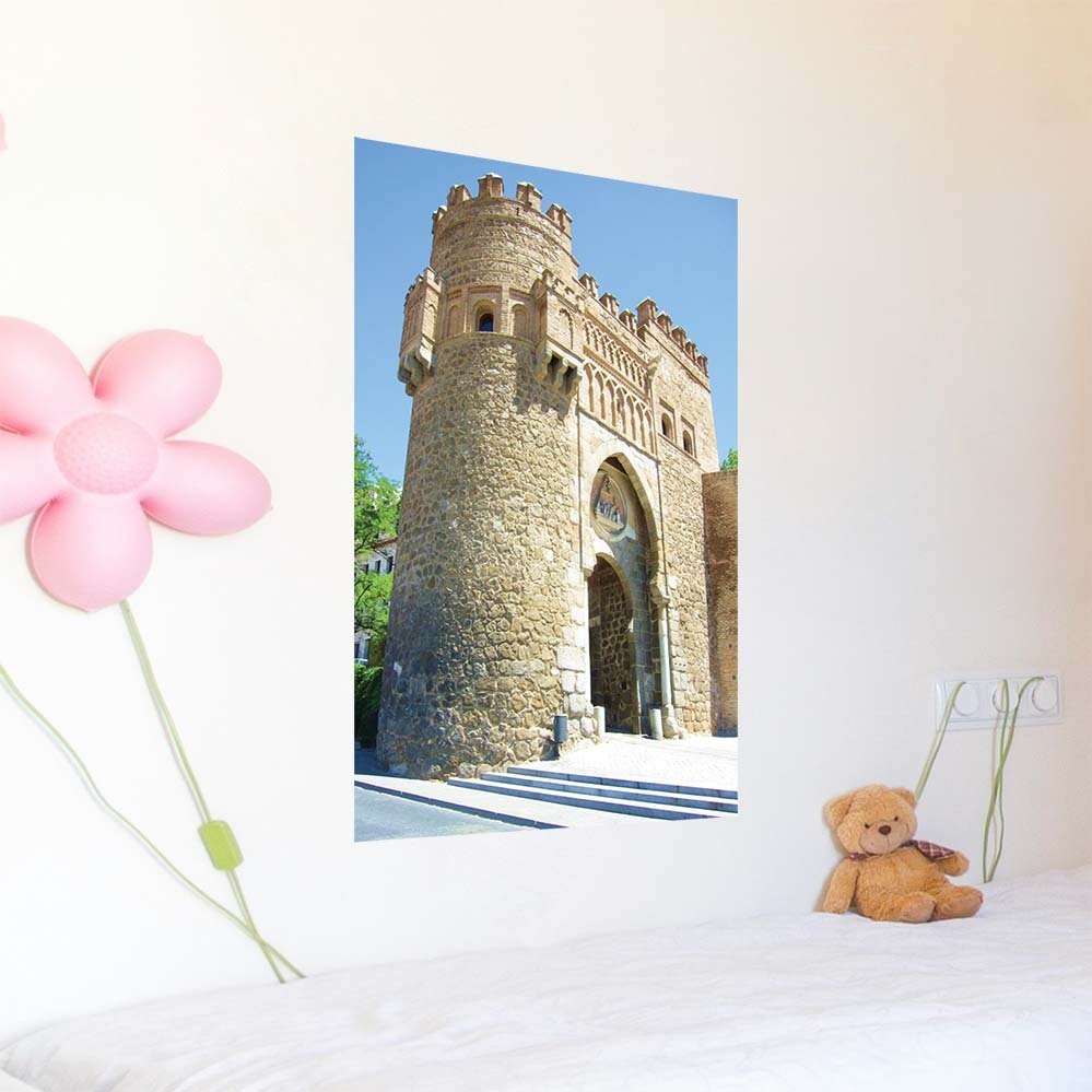 24 inch decal of Moors Arch in Toledo Spain installed on a wall above a girls bed with teddy bear