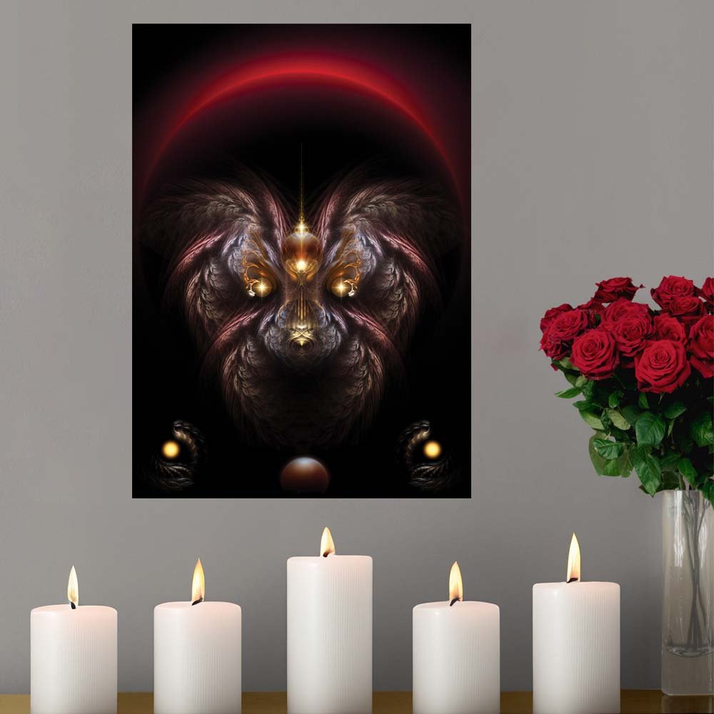 24 inch poster of fractal fantasy art of a dog with glowing eyes and a red arc in the background emerging form the dark displayed on wall above lit candle and vase of roses