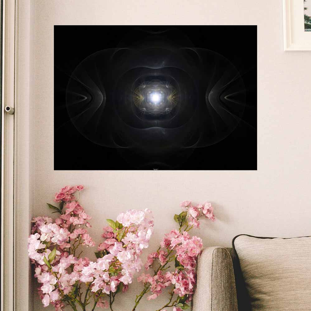 24 inch poster of abstract fractal art of a primordial relic with emanating light source displayed on a wall above pink flowers and a couch below