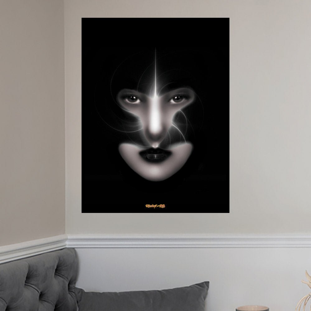 24 inch poster of fractal art of a womans face shadows by her helmet with swirling light light installed on a wall