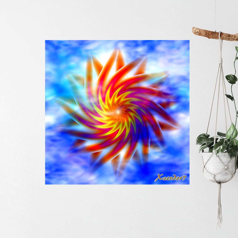 24 inch decal of fractal art of a magenta, red and yellow twirling sun against a bright blue cloudy background installed on a wall next to hanging plant