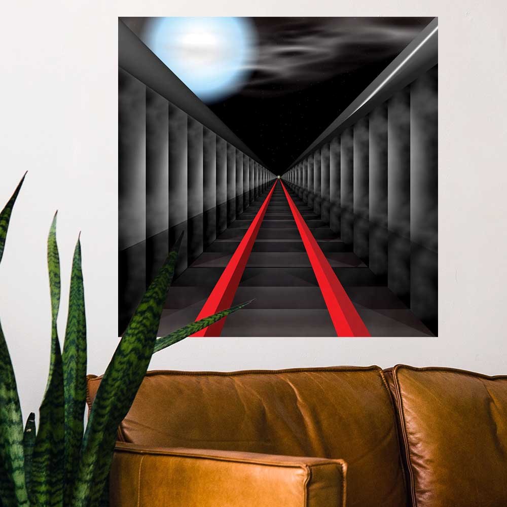 24 inch poster of an abstract tunnel with red rail lines extending into the distance toward a glowing light, featuring a brown leather sofa and snake plant.
