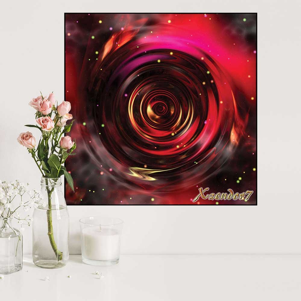 24 inch decal of an abstract red and black vortex spiral space scene installed on a white wall with flowers and a candle below.