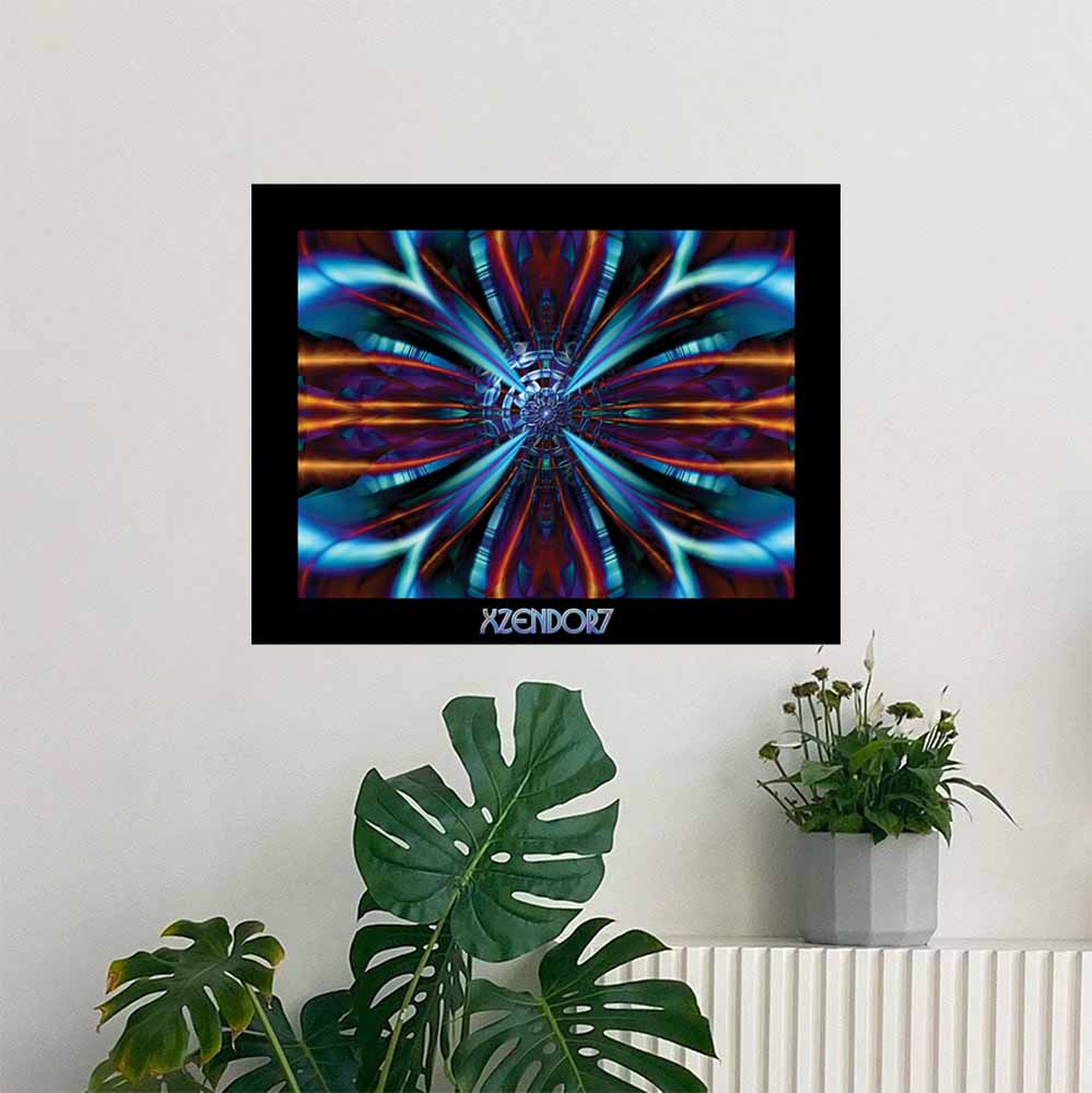 24 inch poster of fractal art of a symmetrical kaleidoscope of blues, purples and oranges that evokes shimmering wings  installed on wall above some potted plants