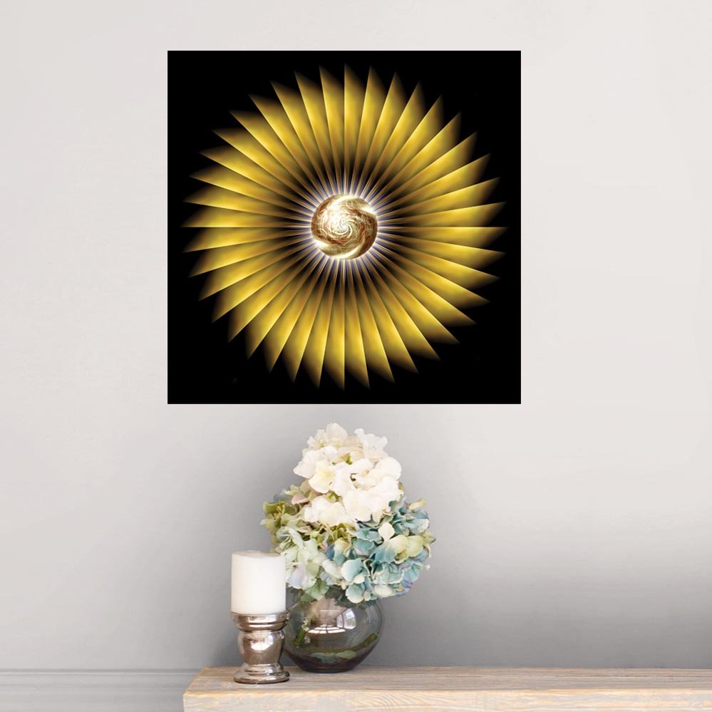 24 inch decal of a luminous golden orb pulsing with swirling fractals, surrounded by a brilliant explosion of sharp, symmetrical rays, forming a hypnotic sunburst installed on a wall above counter with vase of flowers