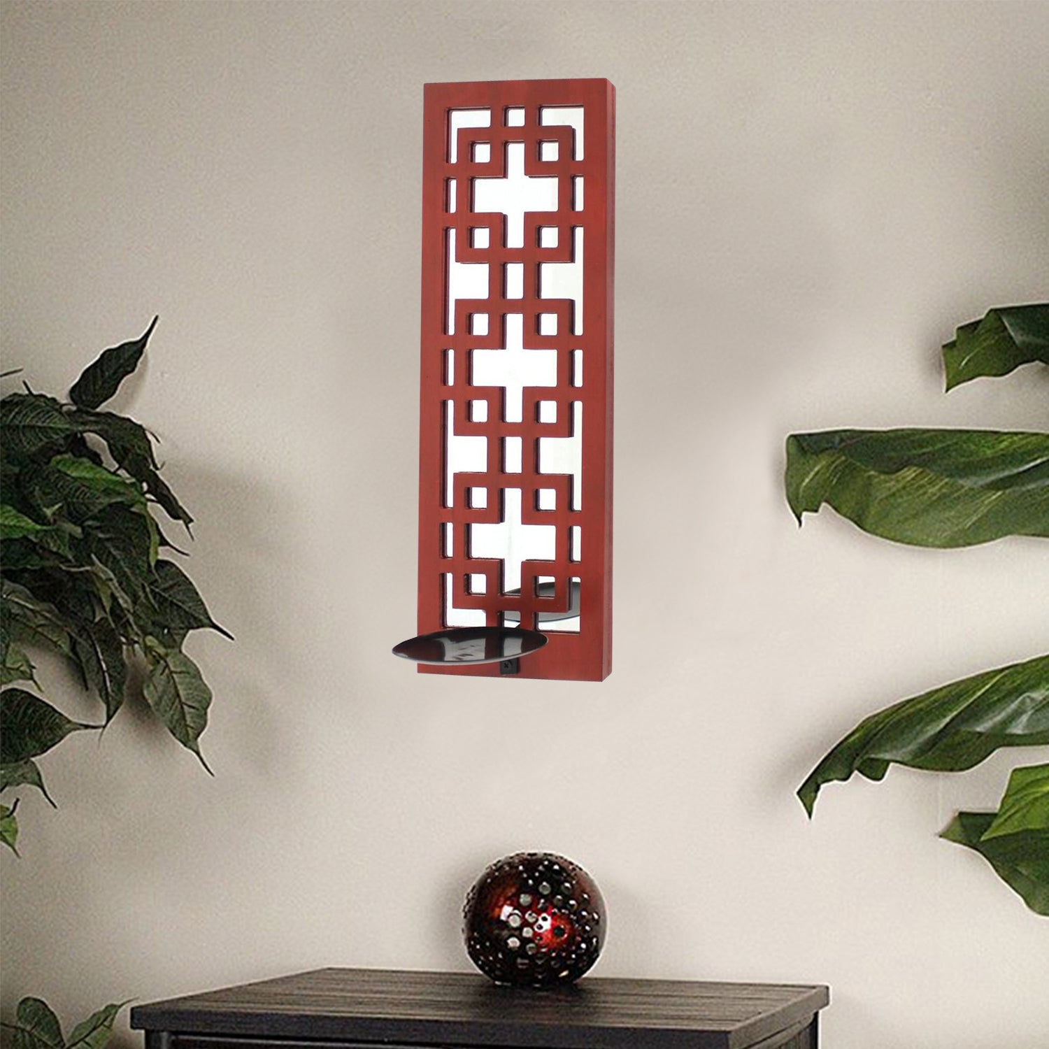 Red Vintage Wood Lattice Mirror Candle Holder Sconce | 6