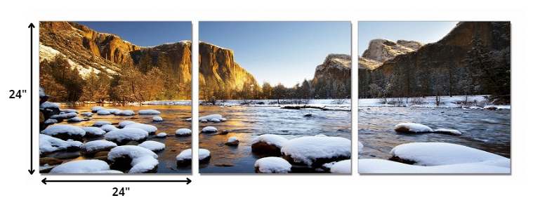 Three Panel Winter Stream & Mountain Canvas Photo | 24