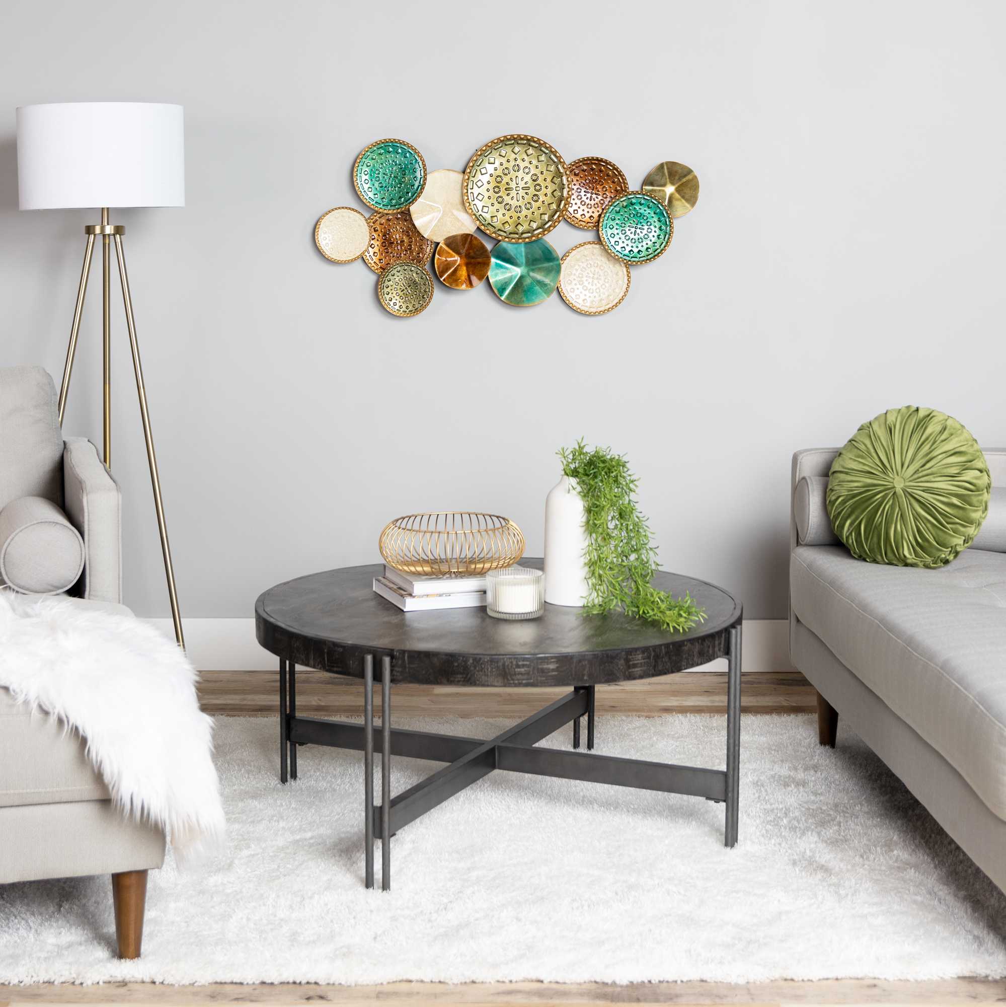 Greens and Golds Textured Metal Multi Plates Wall Decor | 20.5