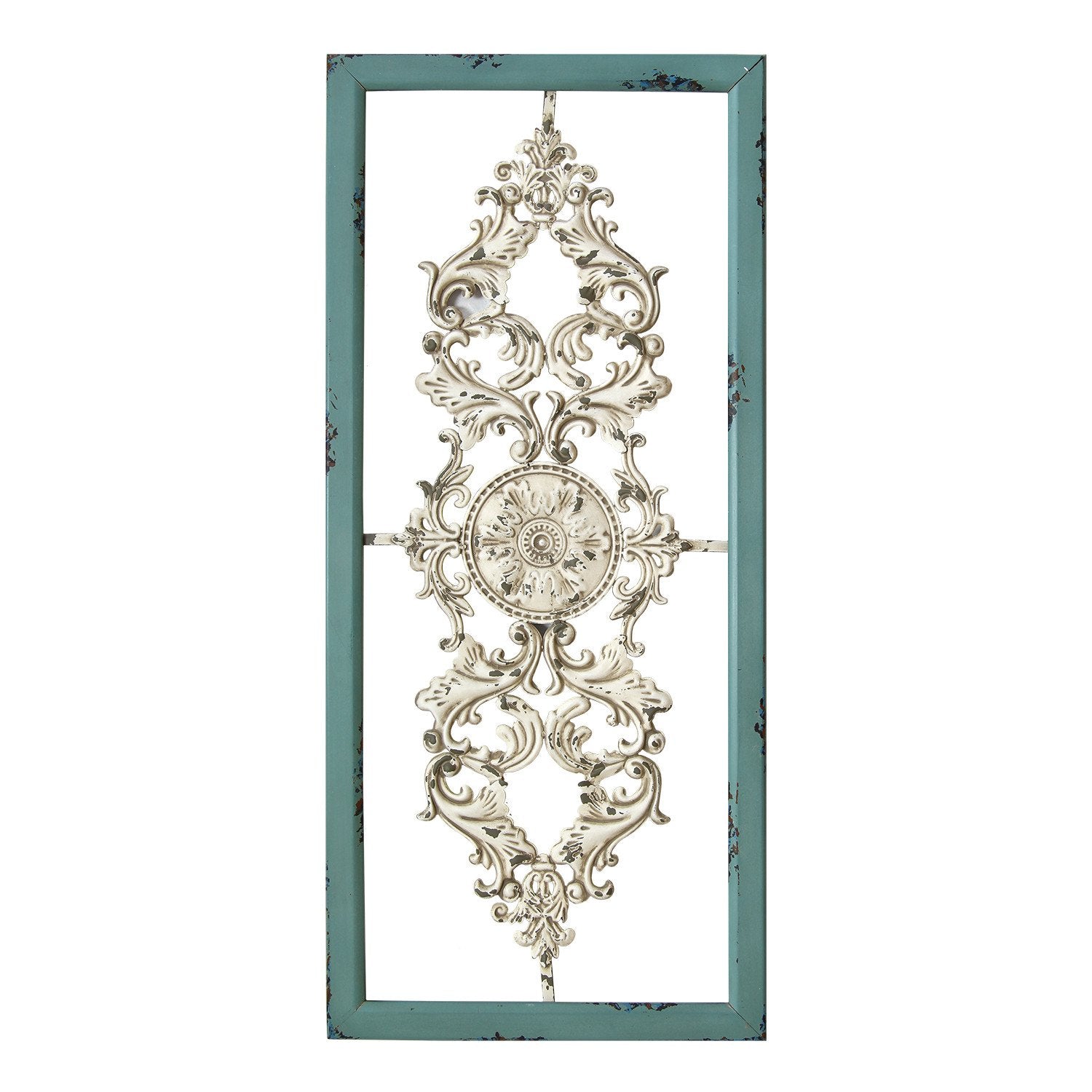 Distressed White And Turquoise Framed Scroll Metal Panel | 16