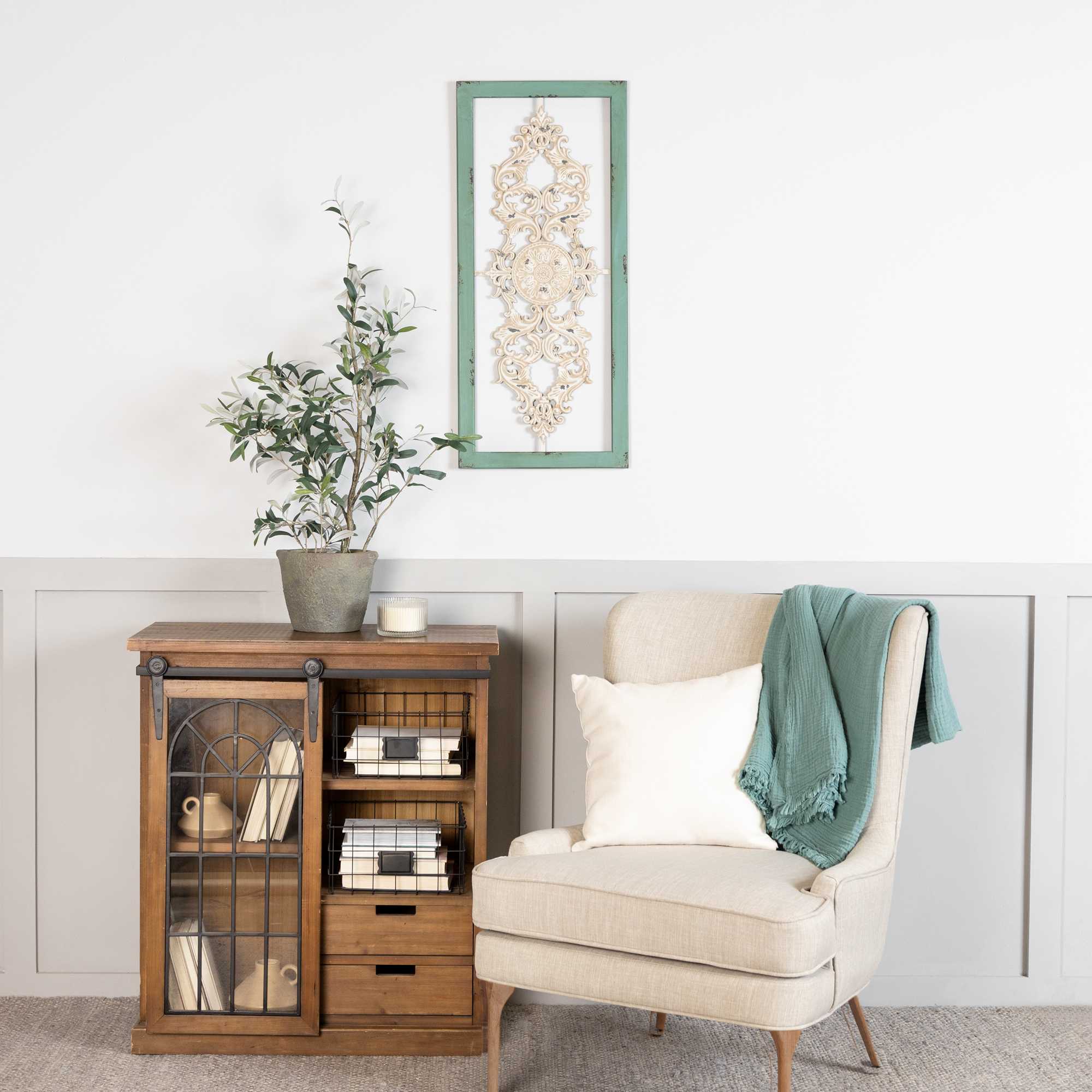 Distressed White And Turquoise Framed Scroll Metal Panel | 16