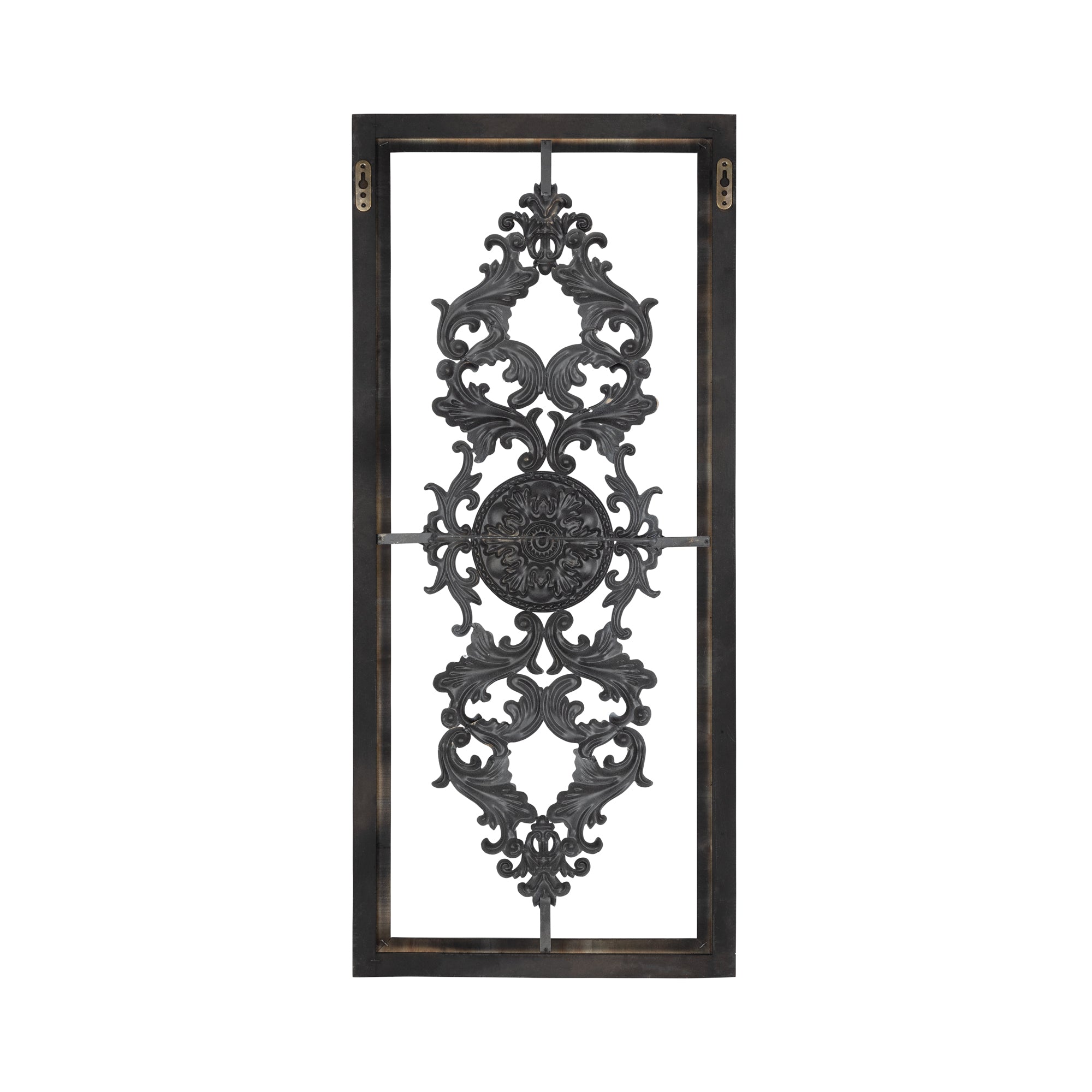 Distressed White And Turquoise Framed Scroll Metal Panel | 16