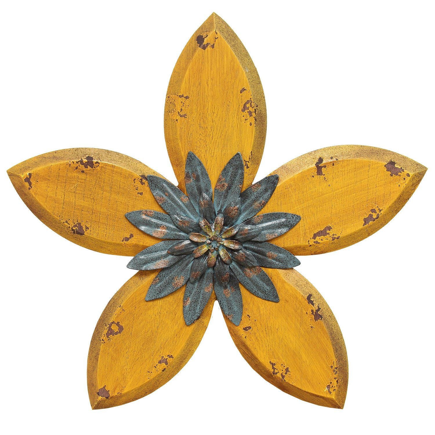 Antiqued Look Yellow And Gunmetal Flower Wall Decor | 14.75