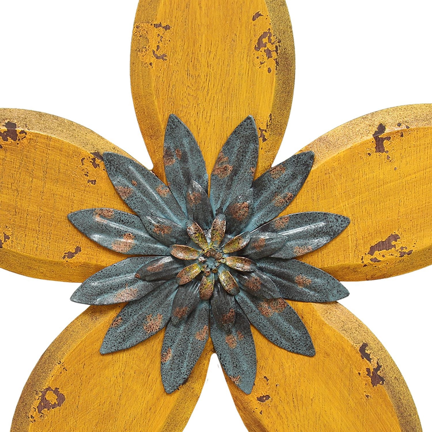 Antiqued Look Yellow And Gunmetal Flower Wall Decor | 14.75