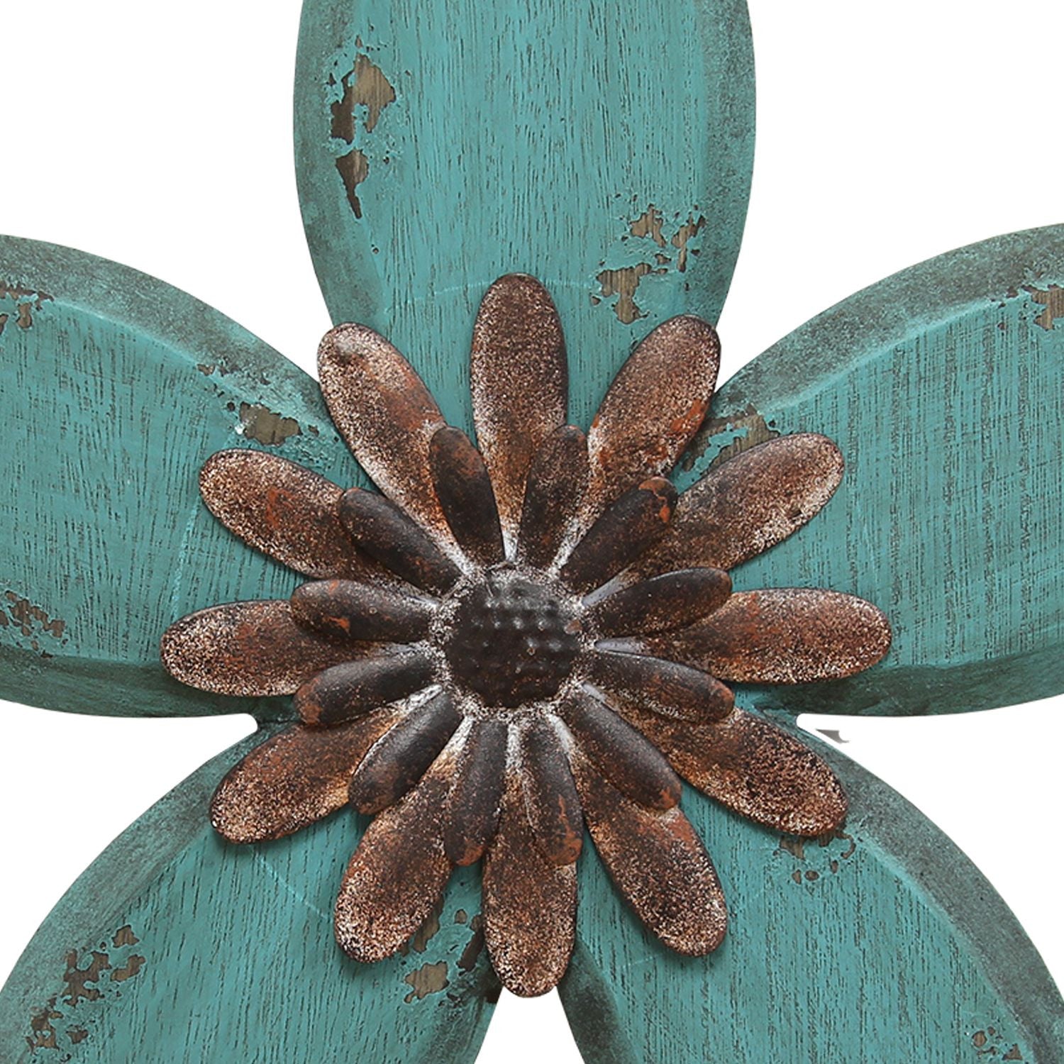 Distressed Teal And Red Antique Flower Metal Wall Decor | 14.75