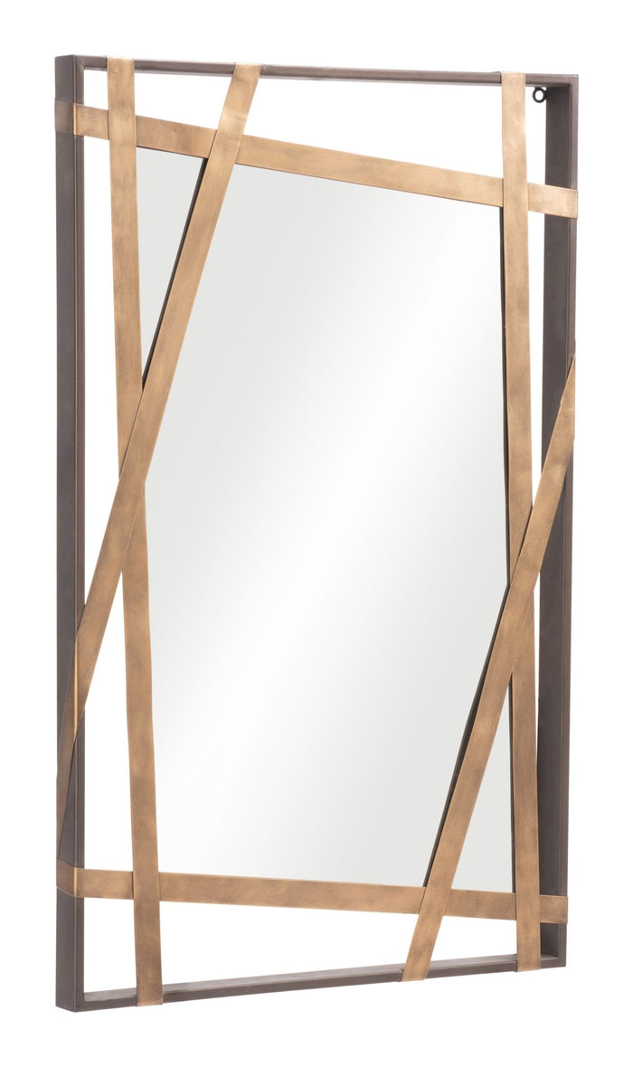 Angled View 32 inch Gold and Black Accent Rectangular Steel Wall Mirror